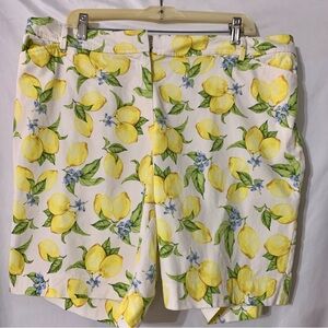 Talbots Yellow Lemon Print Women's Shorts 18 W Elastic Back Waist Cotton Zip